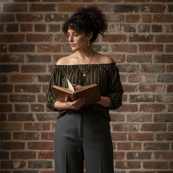 Pinstriped Off the Shoulder Blouse Olive Green 2X Dark Academia Boho Poetcore - Picture 2 of 5